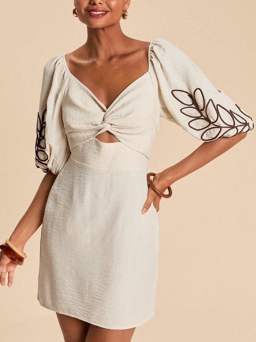 Apricot Casual Women's Vacation Plant Decor Twist Mini Dress - Picture 2 of 6